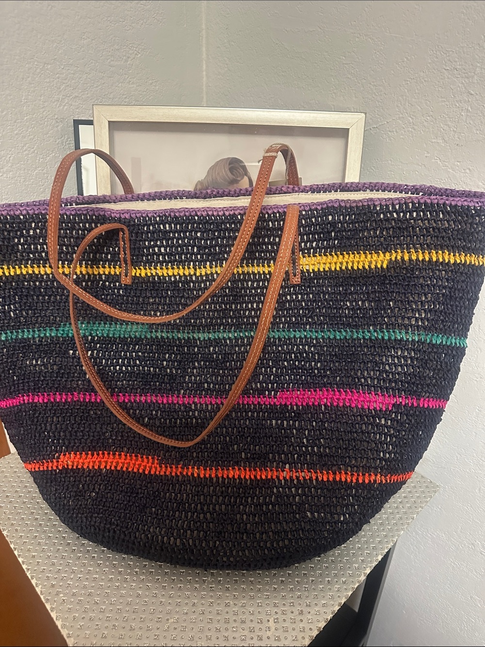 Mar y Sol Cielo Striped Raffia Tote Bag